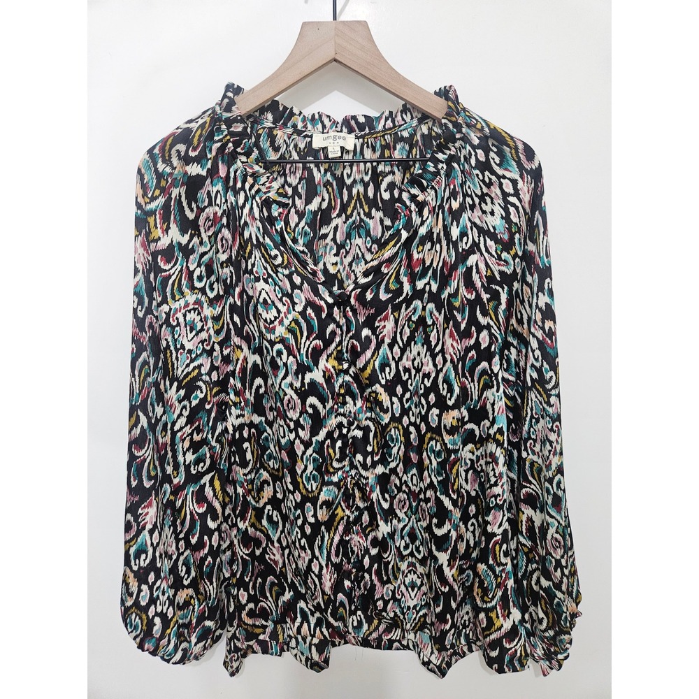 Umgee USA Women Multicolor Ikat Paisley Print Ruffle Neck Blouse B8151 Large